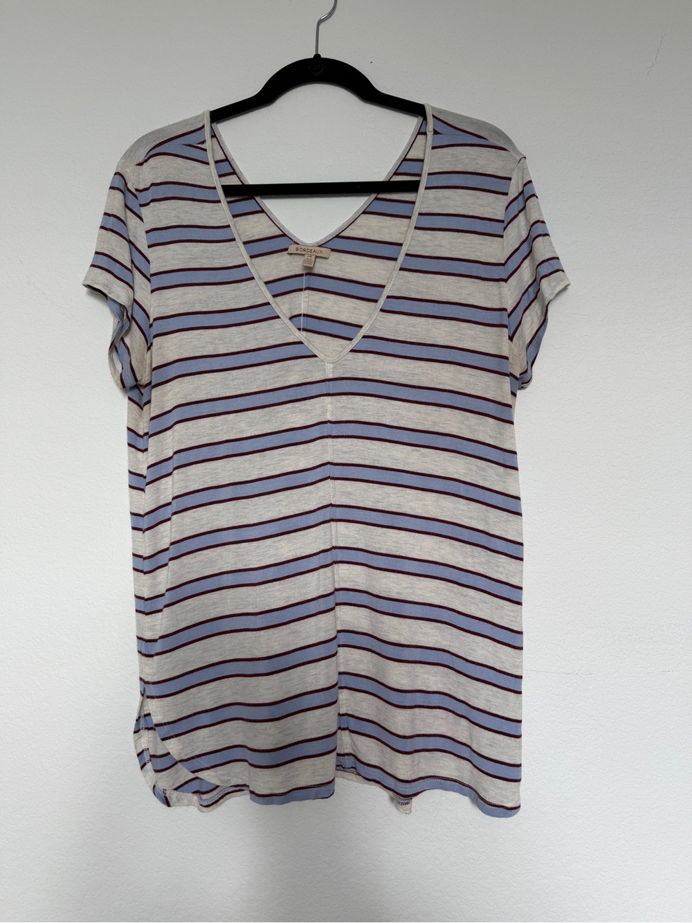 Bordeaux V-Neck Striped Short Sleeve Top - Cream, Blue & Burgundy
